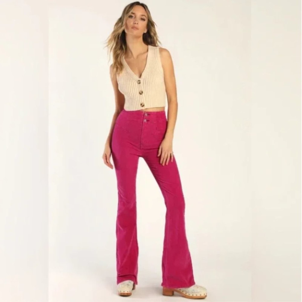 Free People Hot Pink Jayde 70's Flare Ultra High Rise Cords Pants Jeans 32 NWT